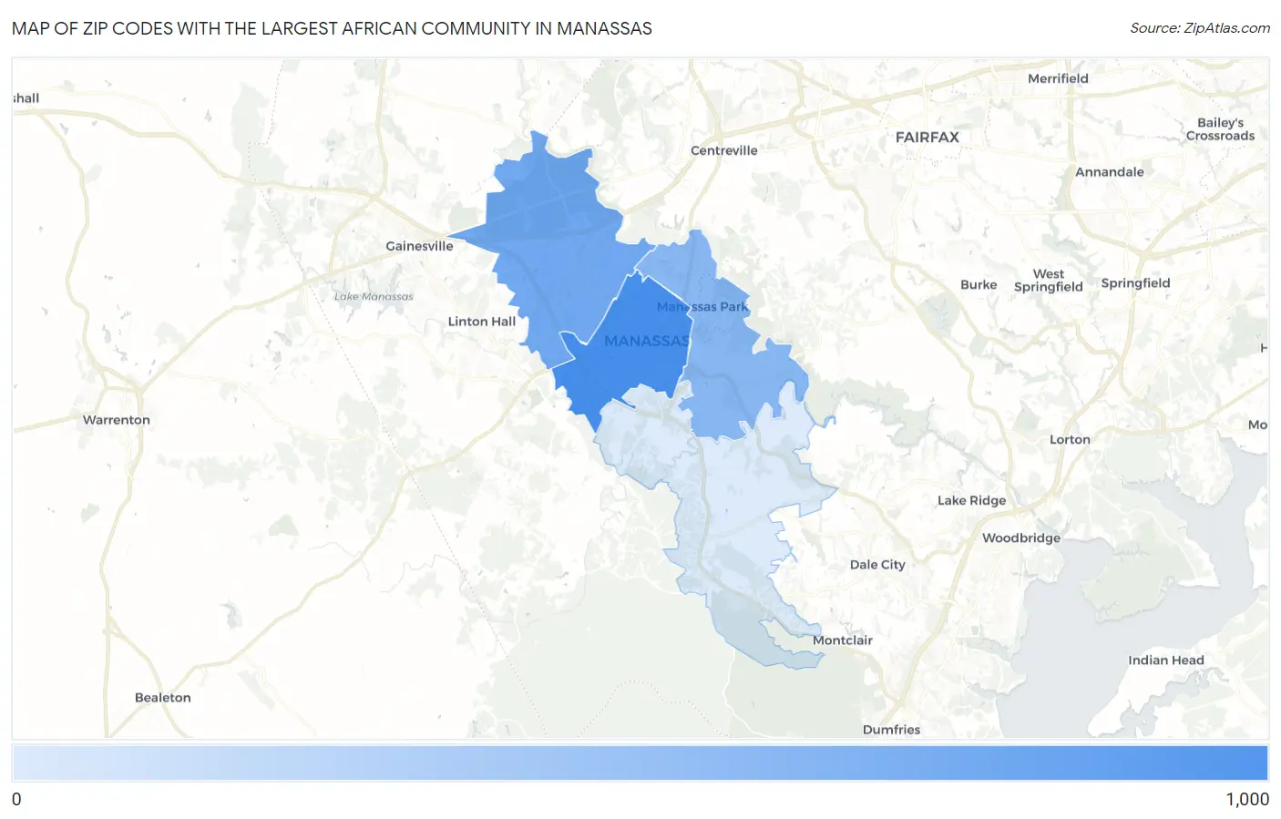 Zip Codes with the Largest African Community in Manassas Map