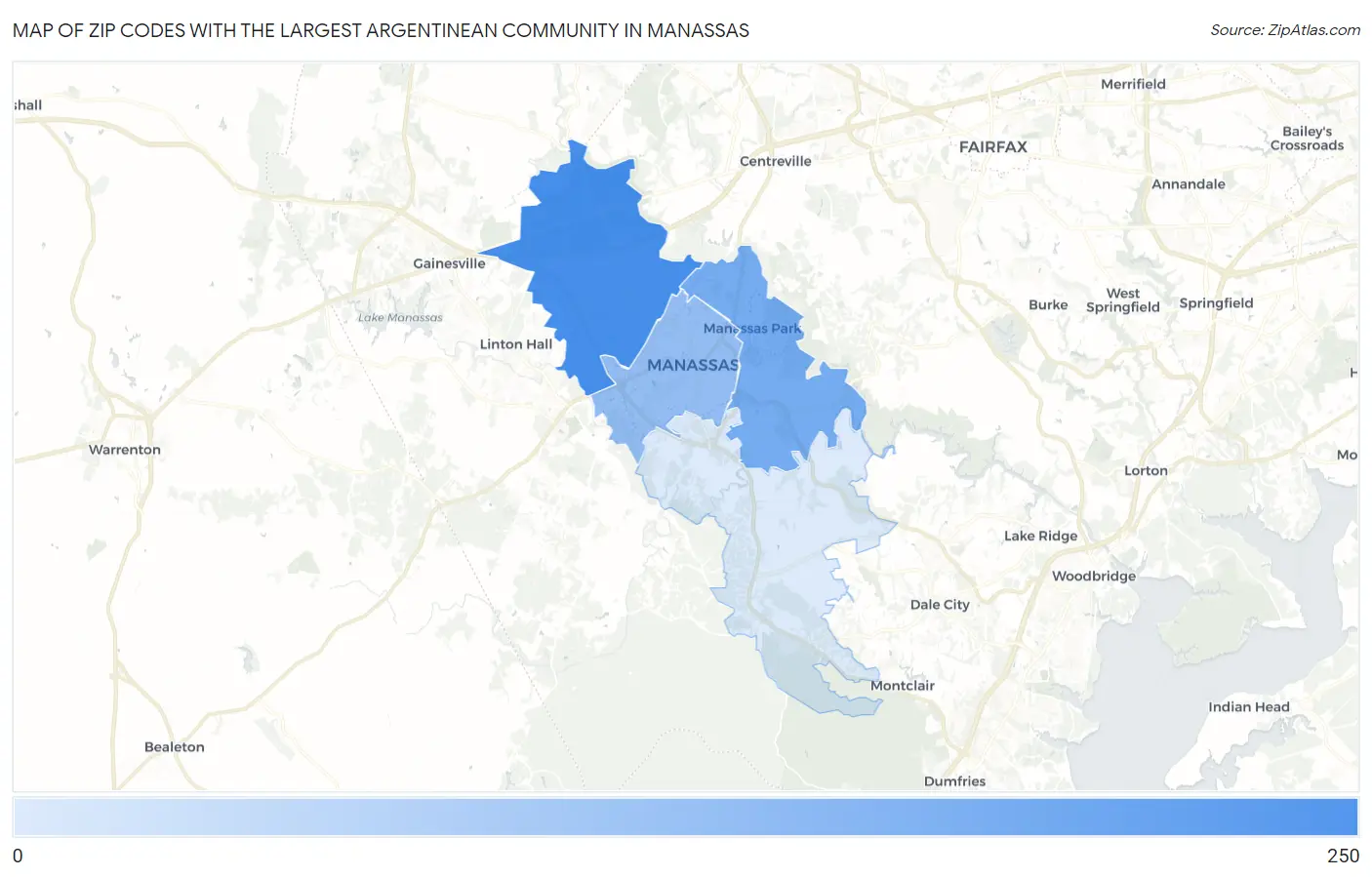 Zip Codes with the Largest Argentinean Community in Manassas Map