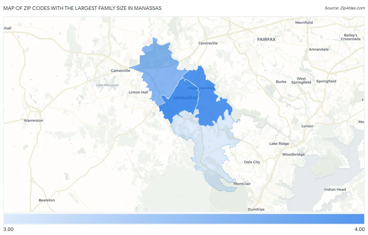 Zip Codes with the Largest Family Size in Manassas Map