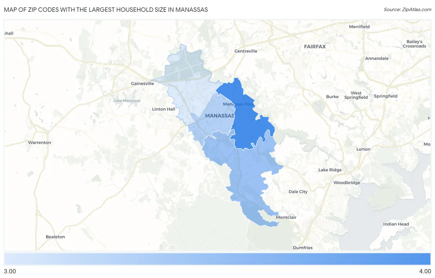 Zip Codes with the Largest Household Size in Manassas Map