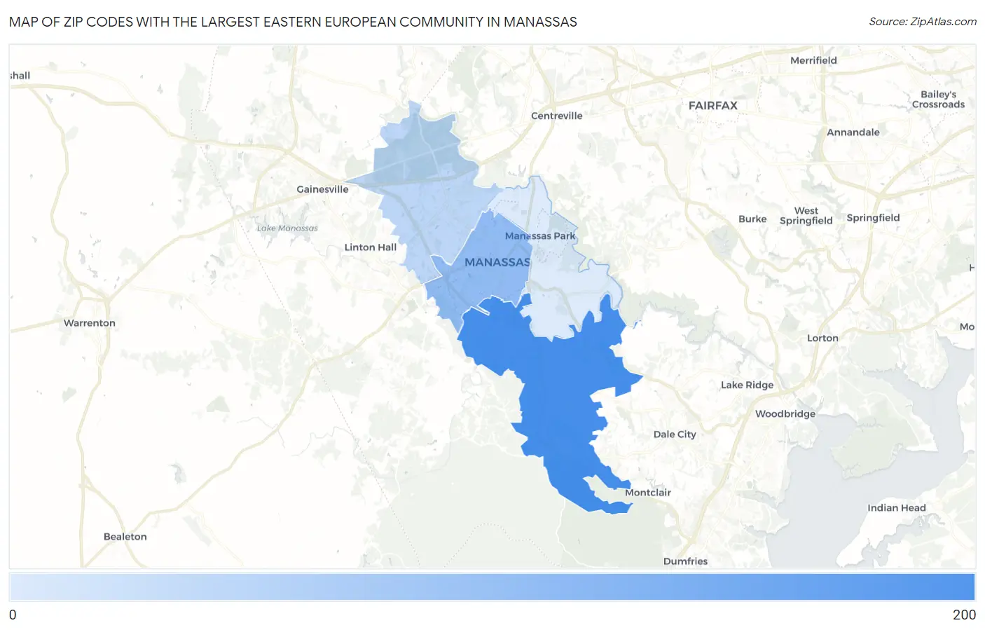 Zip Codes with the Largest Eastern European Community in Manassas Map