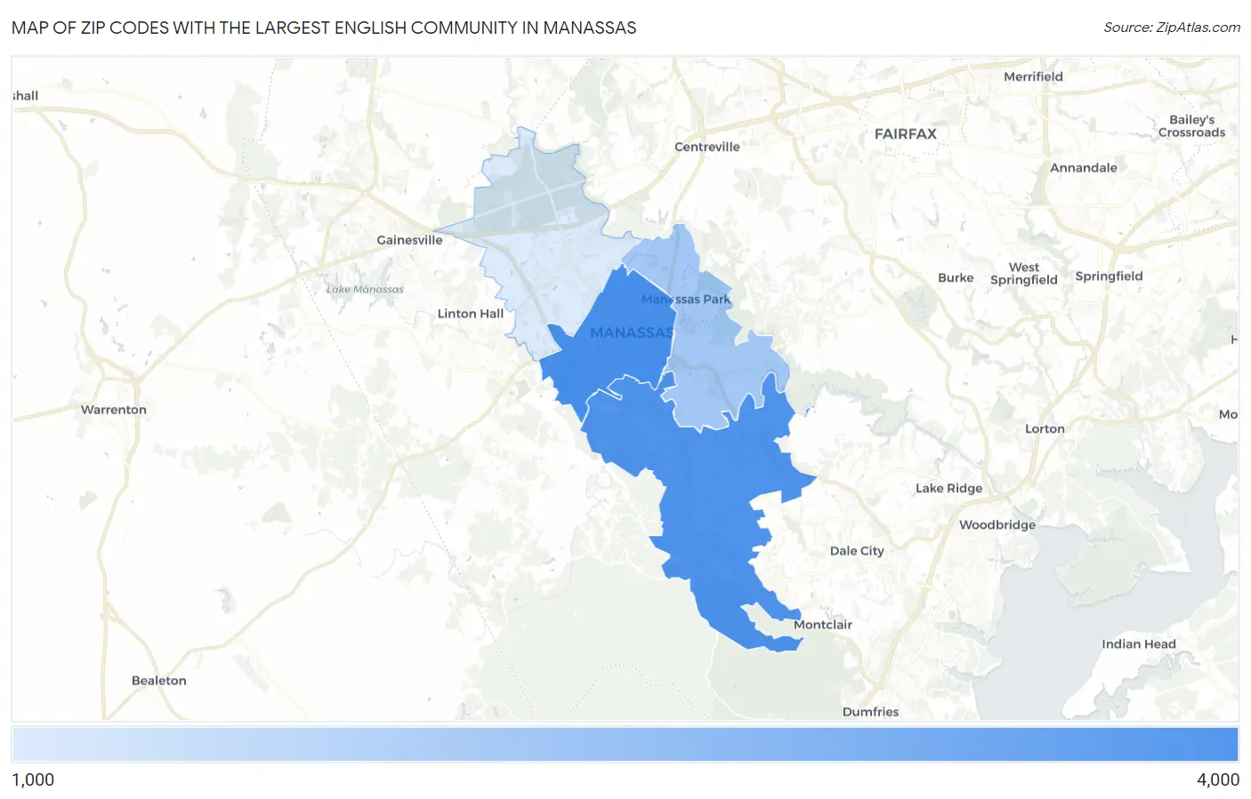 Zip Codes with the Largest English Community in Manassas Map
