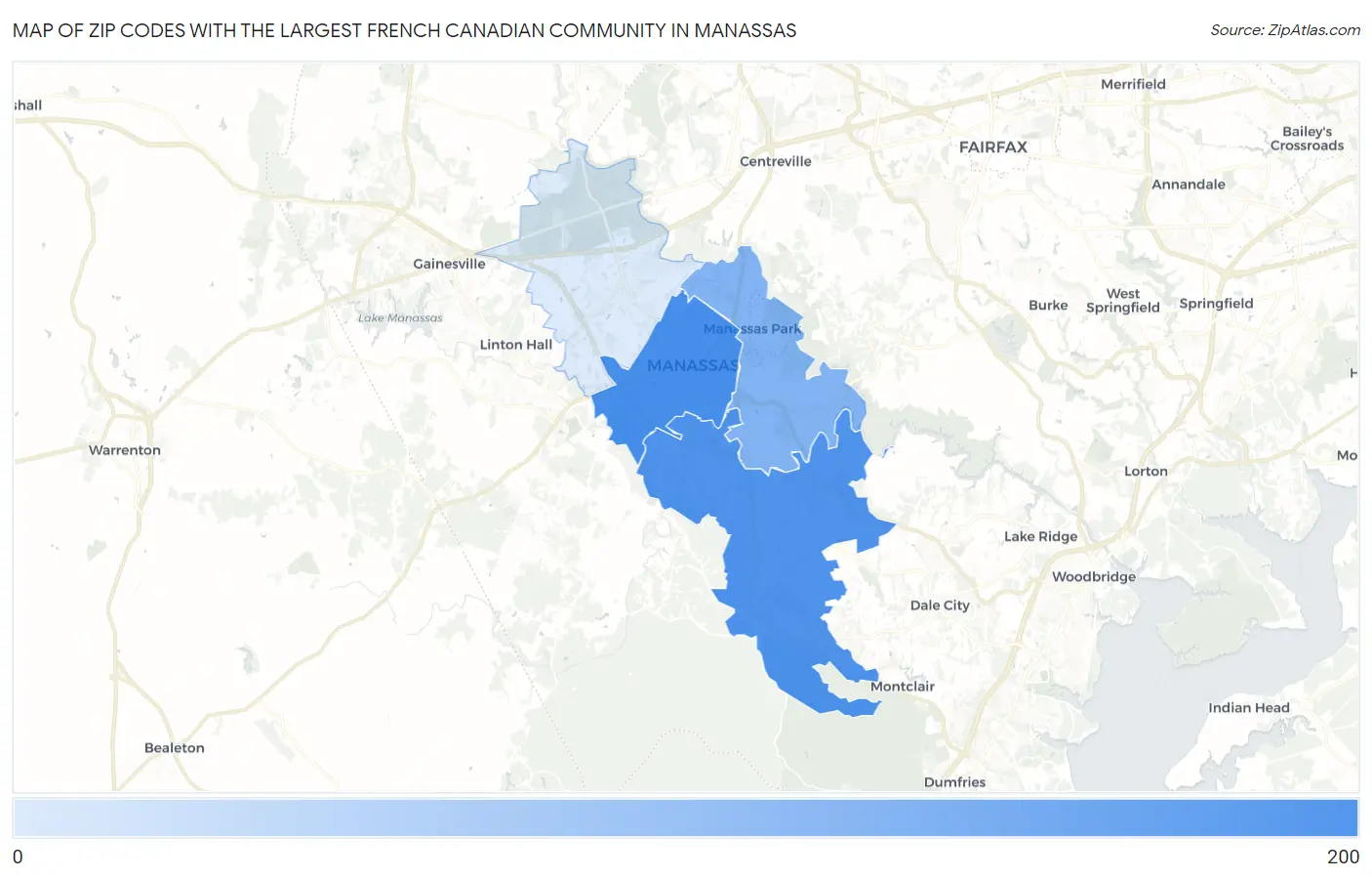 Zip Codes with the Largest French Canadian Community in Manassas Map