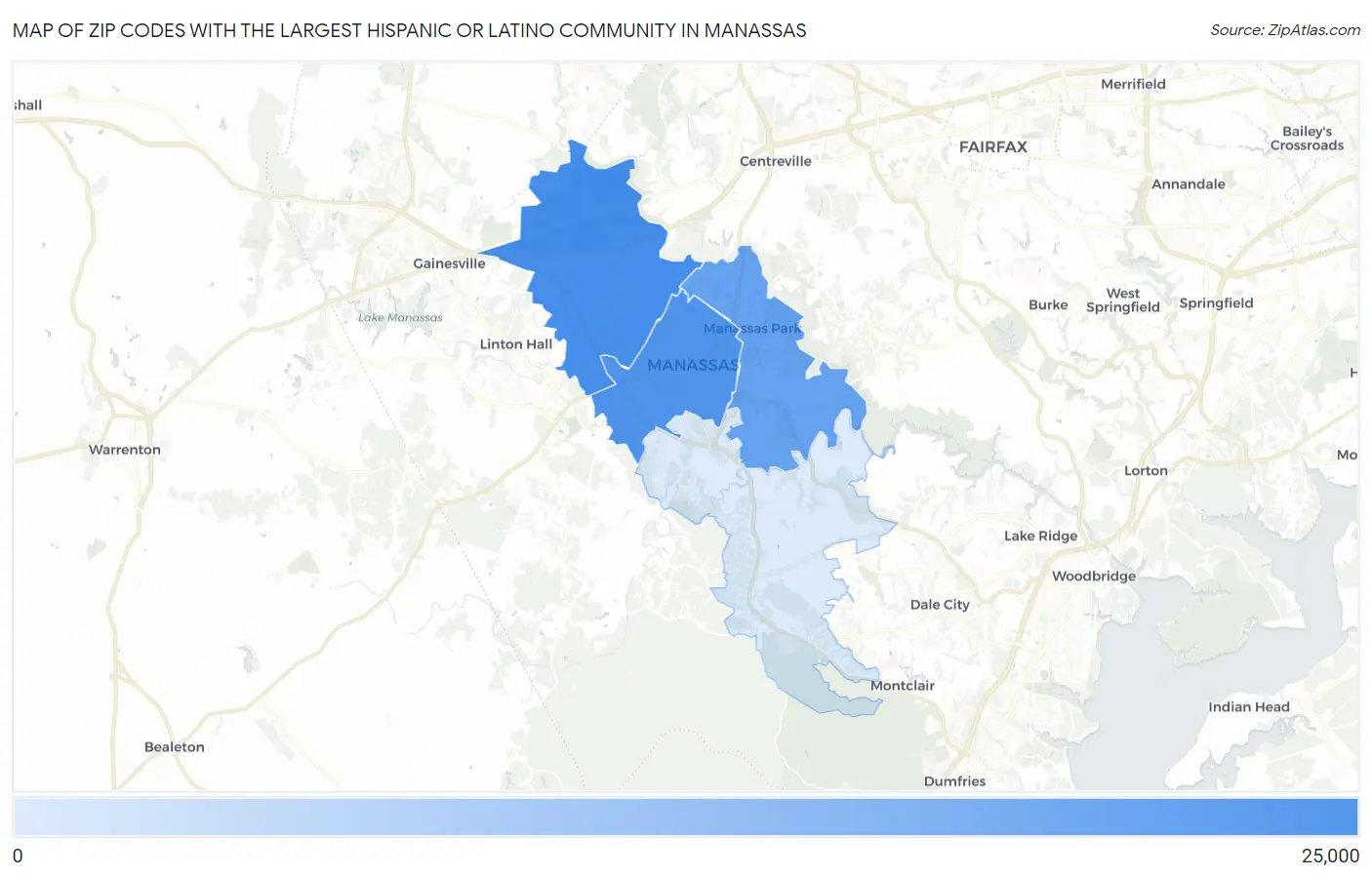 Zip Codes with the Largest Hispanic or Latino Community in Manassas Map