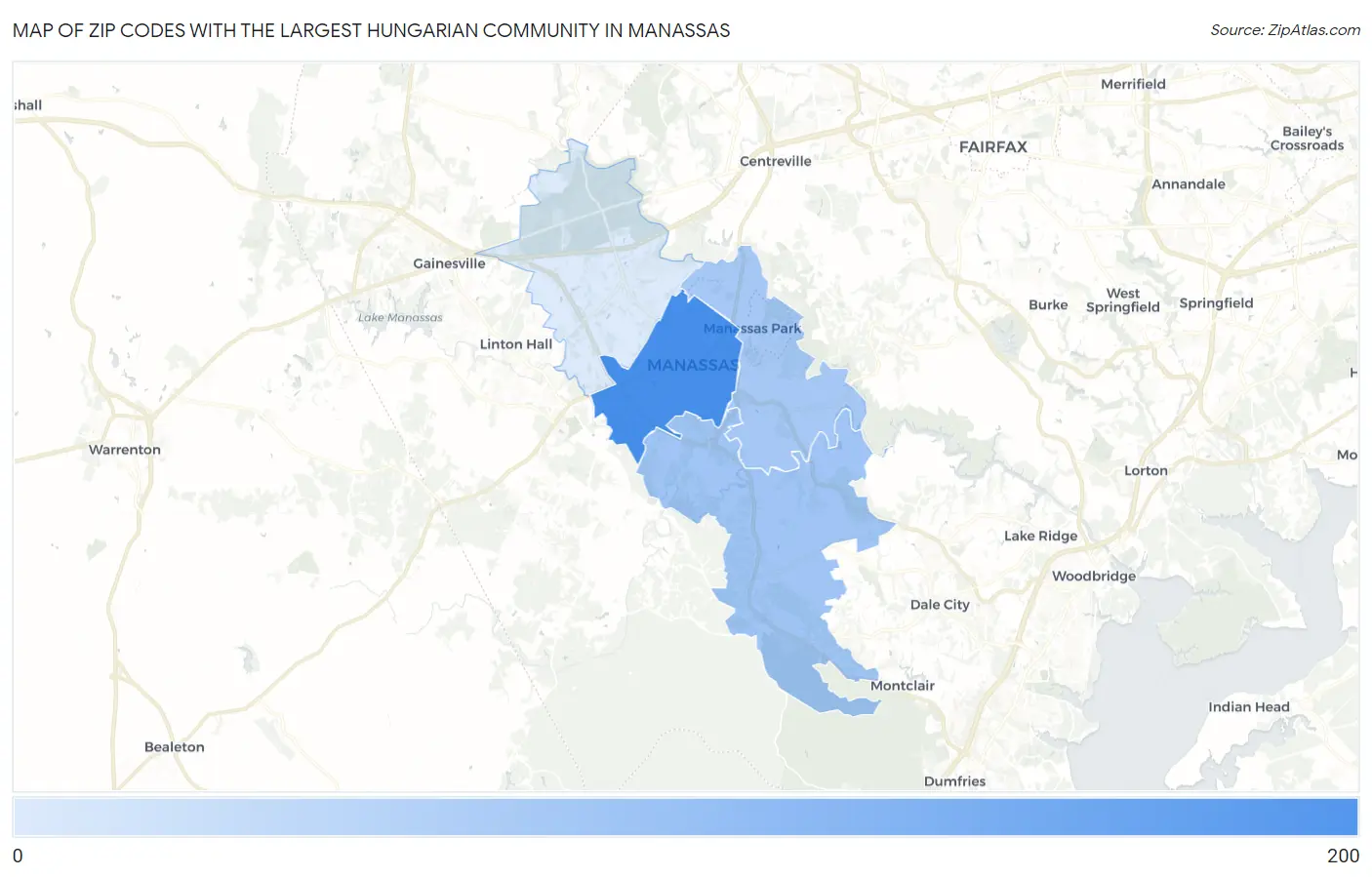 Zip Codes with the Largest Hungarian Community in Manassas Map