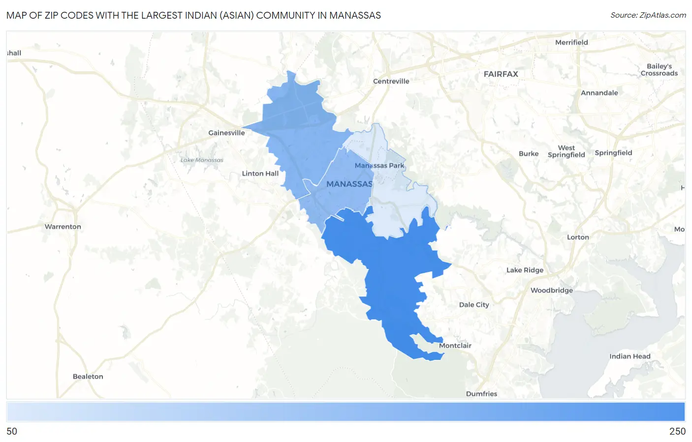 Zip Codes with the Largest Indian (Asian) Community in Manassas Map