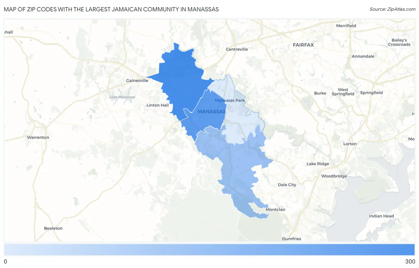 Zip Codes with the Largest Jamaican Community in Manassas Map