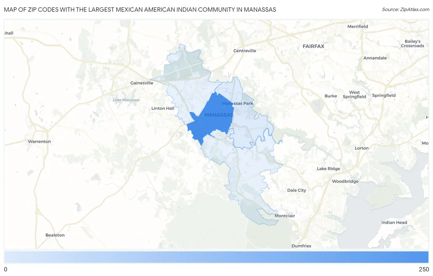 Zip Codes with the Largest Mexican American Indian Community in Manassas Map