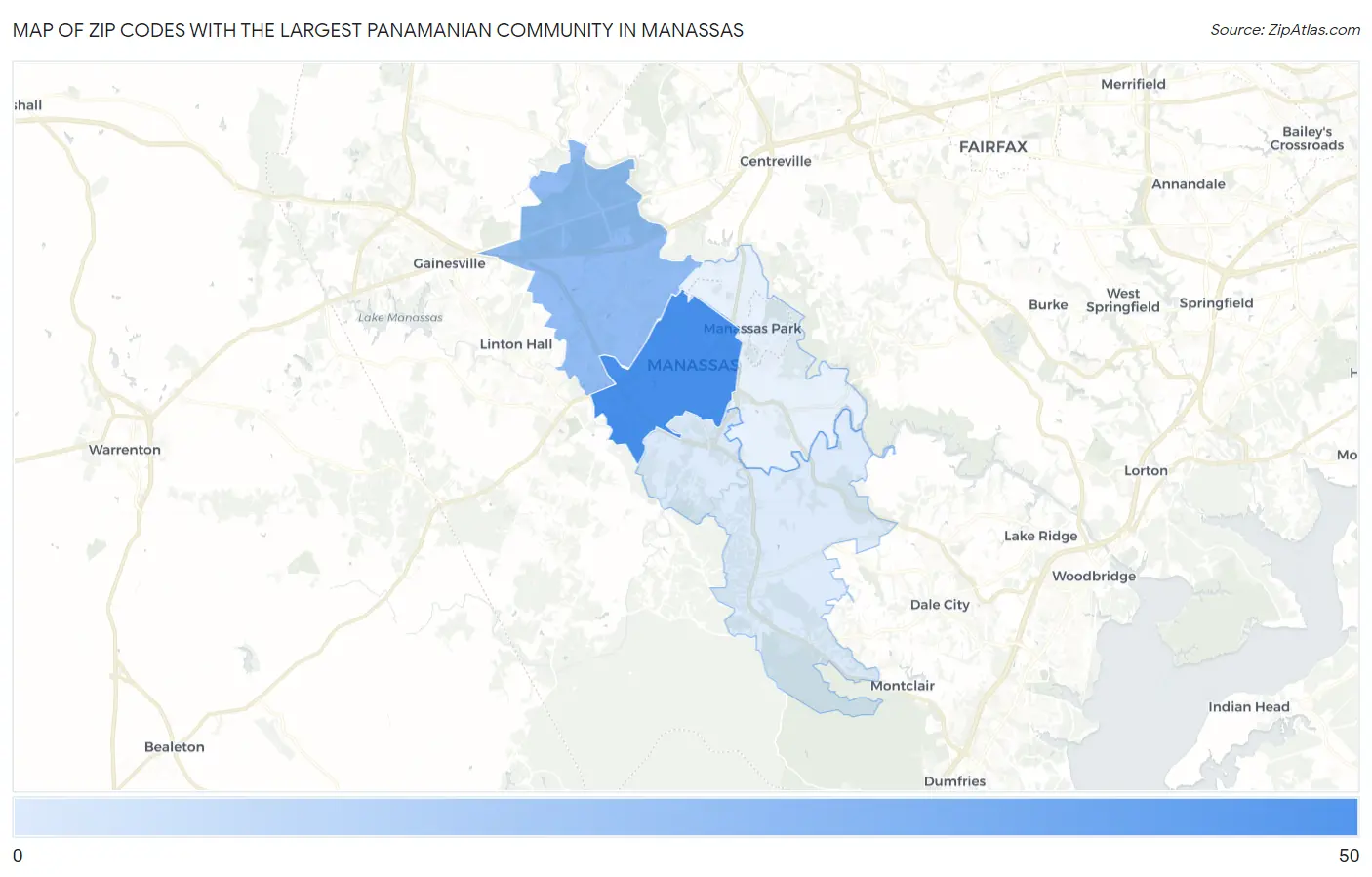 Zip Codes with the Largest Panamanian Community in Manassas Map