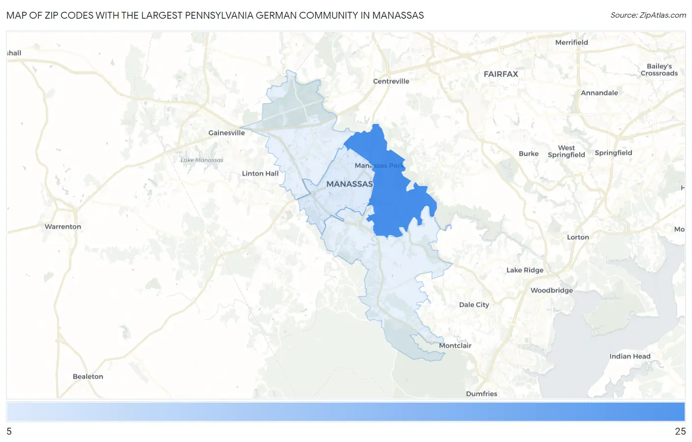 Zip Codes with the Largest Pennsylvania German Community in Manassas Map