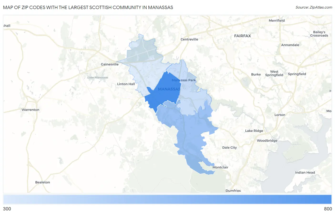 Zip Codes with the Largest Scottish Community in Manassas Map