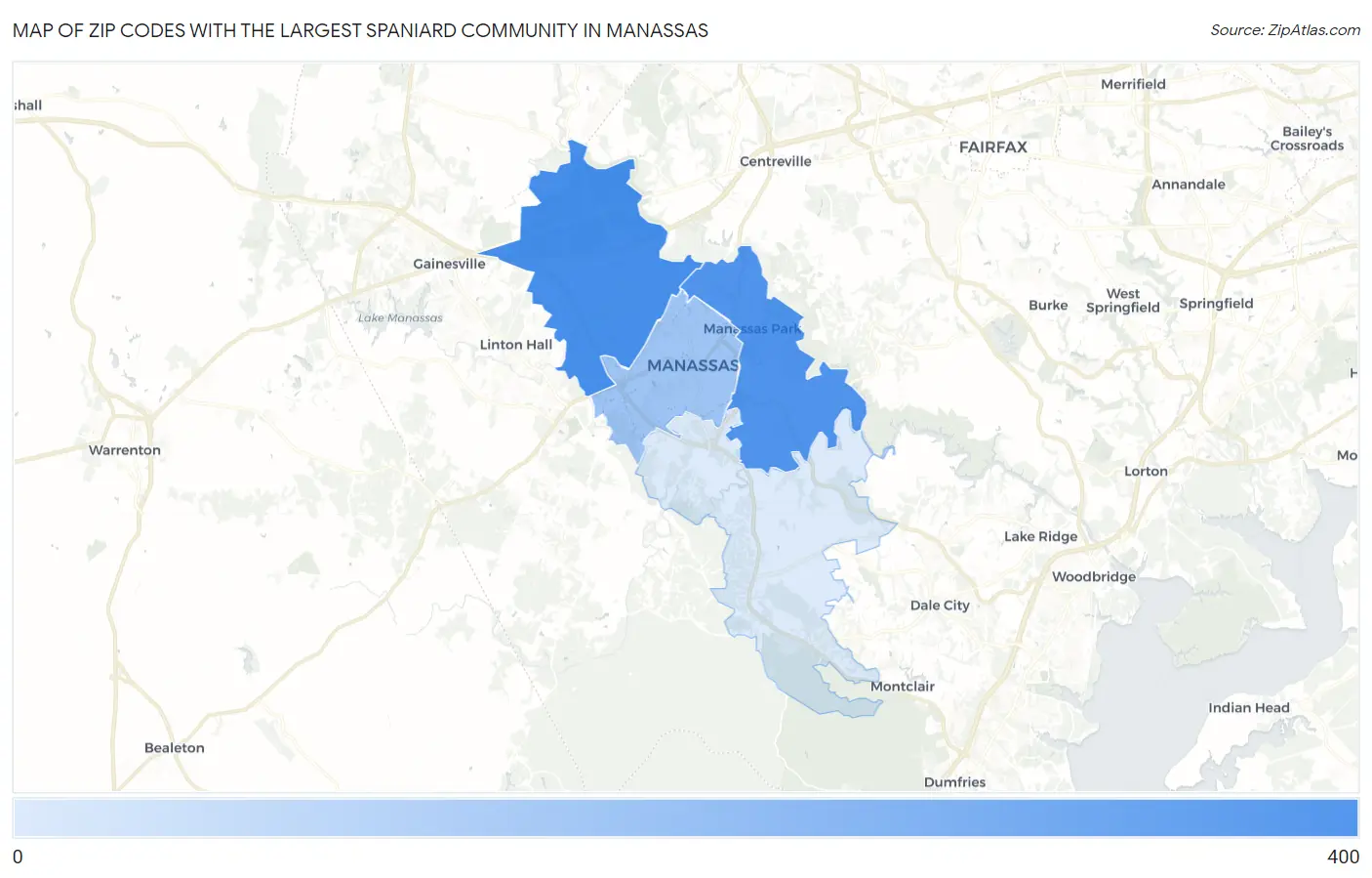 Zip Codes with the Largest Spaniard Community in Manassas Map