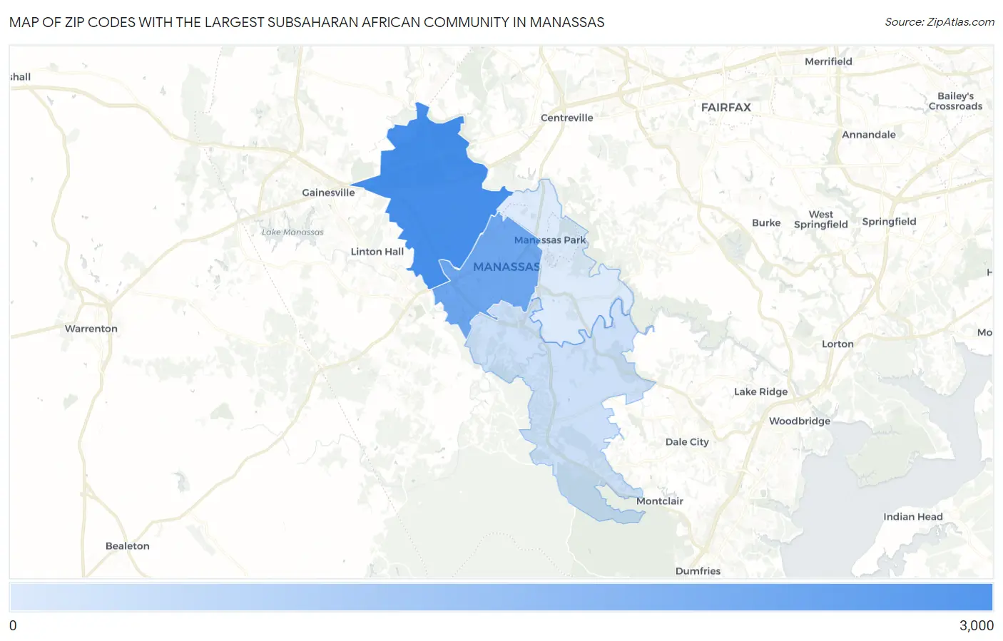 Zip Codes with the Largest Subsaharan African Community in Manassas Map