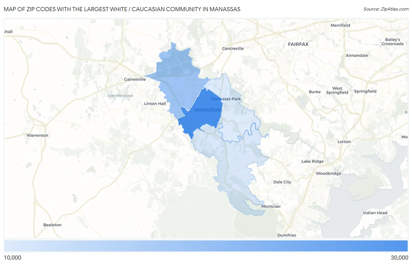 Zip Codes with the Largest White / Caucasian Community in Manassas Map