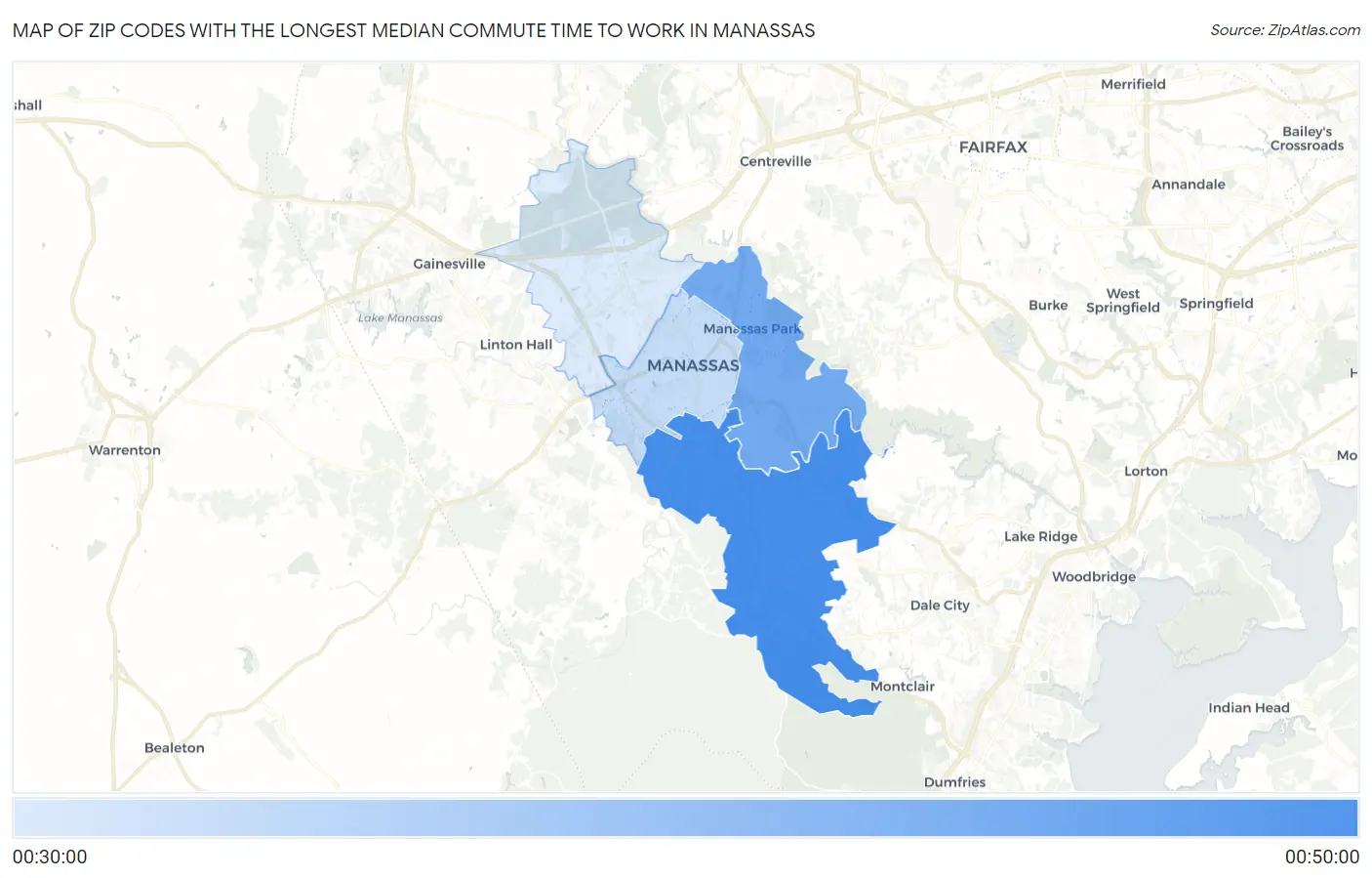 Zip Codes with the Longest Median Commute Time to Work in Manassas Map