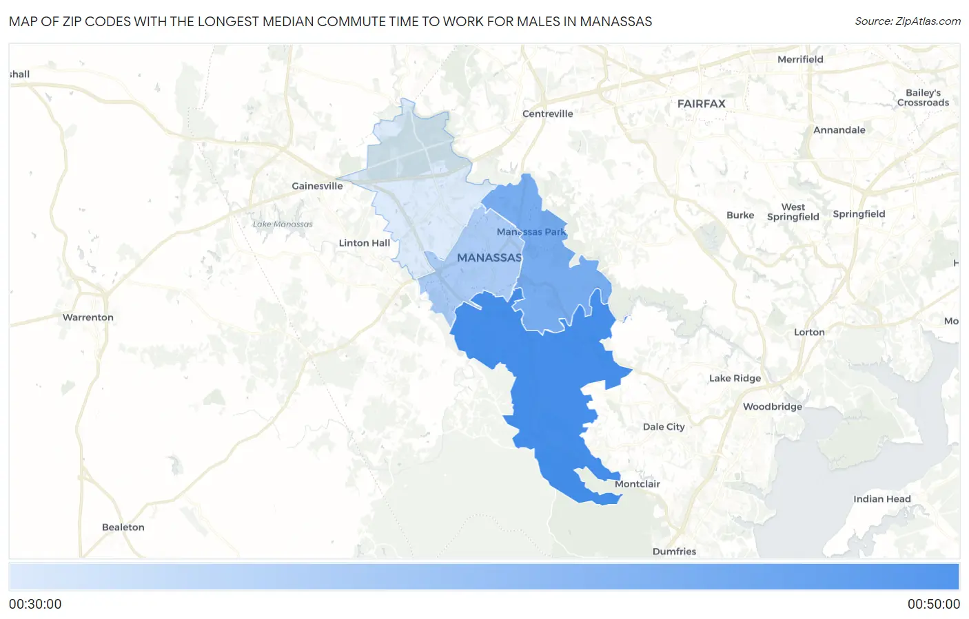 Zip Codes with the Longest Median Commute Time to Work for Males in Manassas Map