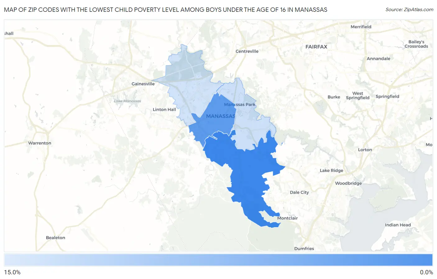 Zip Codes with the Lowest Child Poverty Level Among Boys Under the Age of 16 in Manassas Map