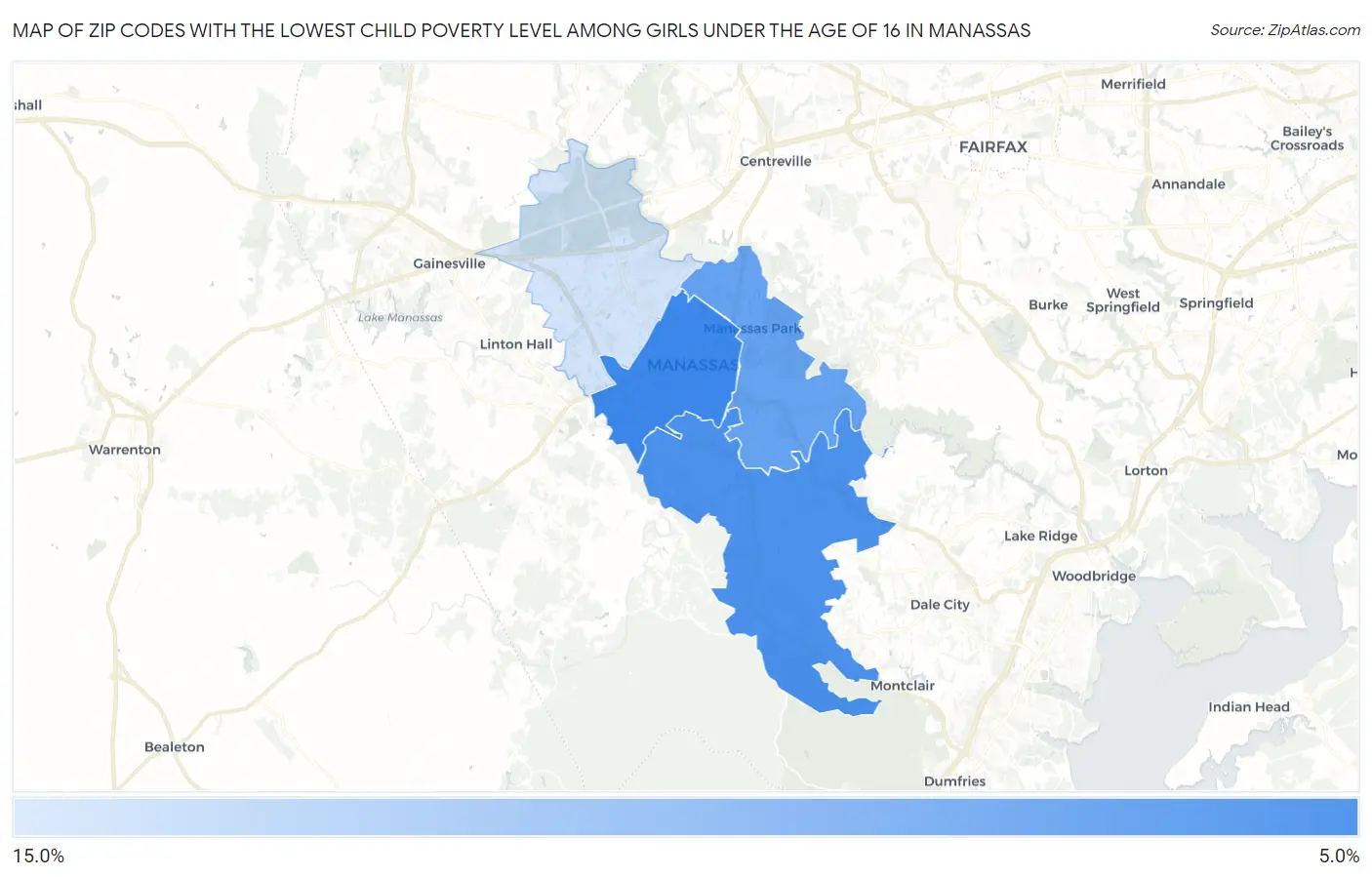 Zip Codes with the Lowest Child Poverty Level Among Girls Under the Age of 16 in Manassas Map