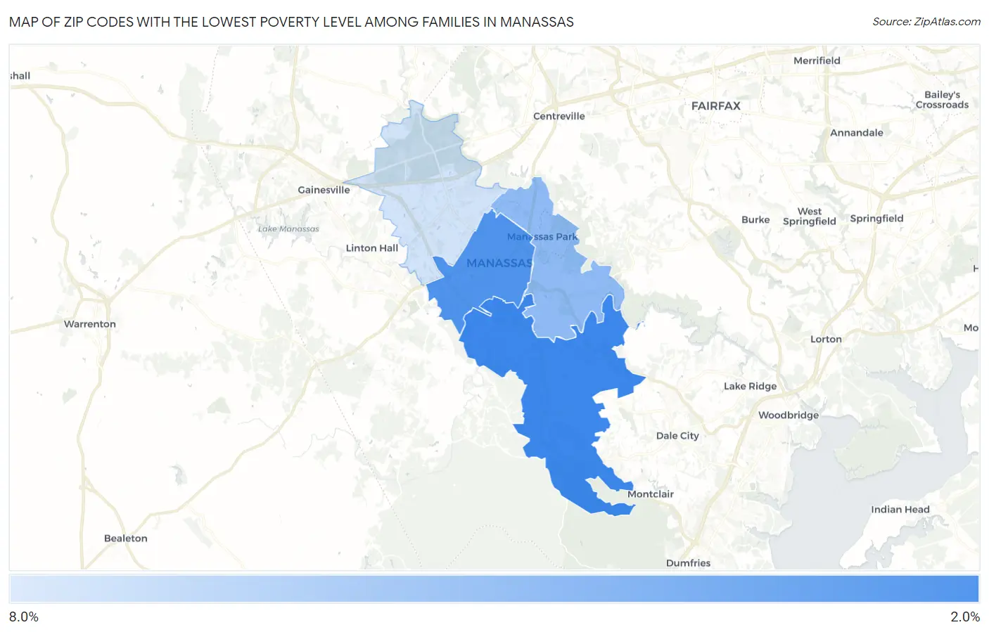 Zip Codes with the Lowest Poverty Level Among Families in Manassas Map