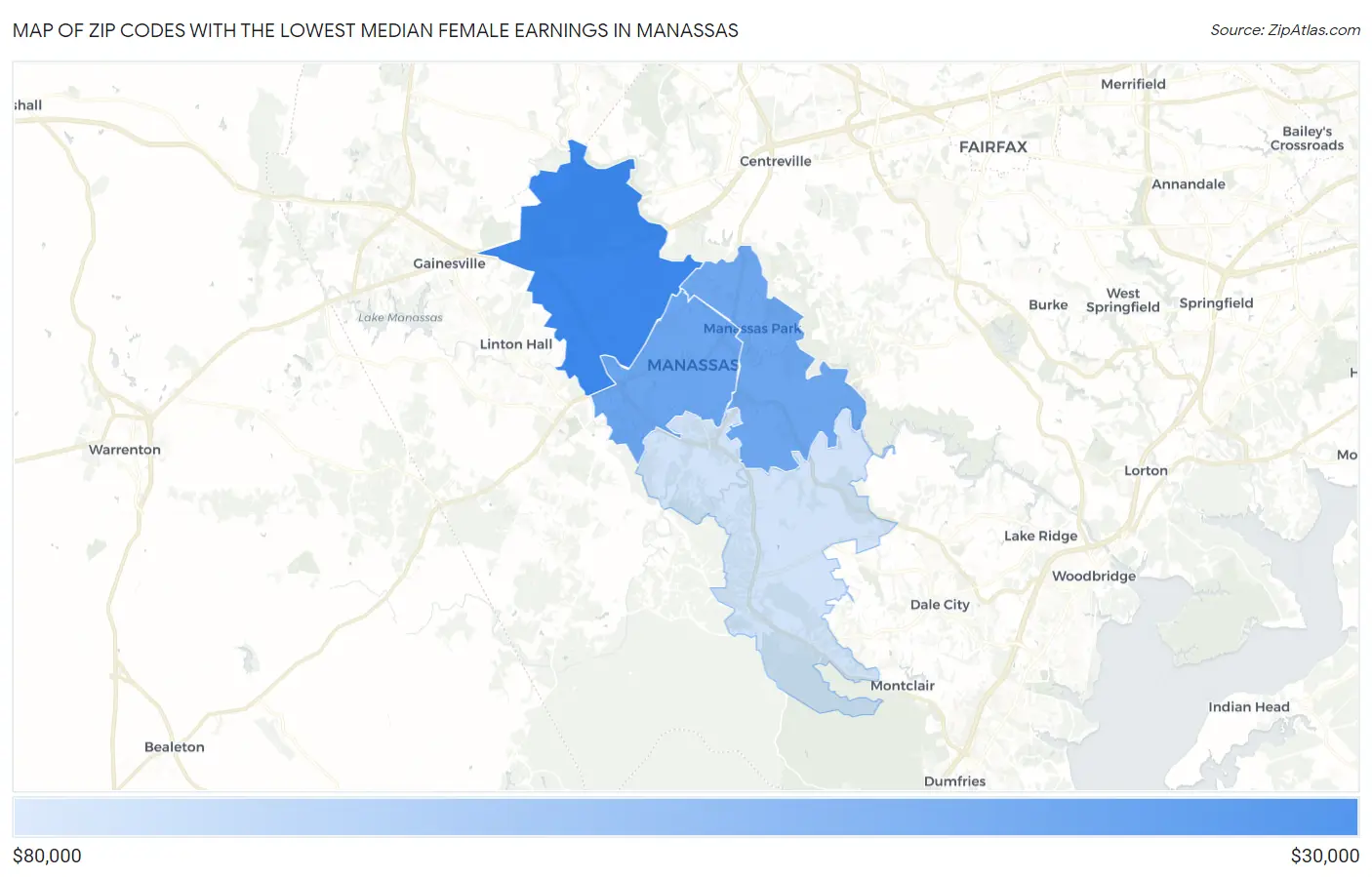 Zip Codes with the Lowest Median Female Earnings in Manassas Map