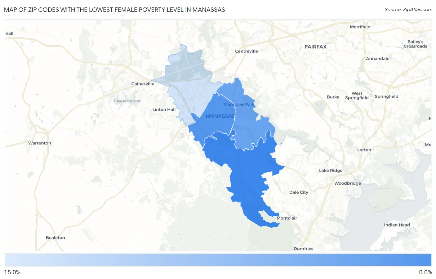 Zip Codes with the Lowest Female Poverty Level in Manassas Map