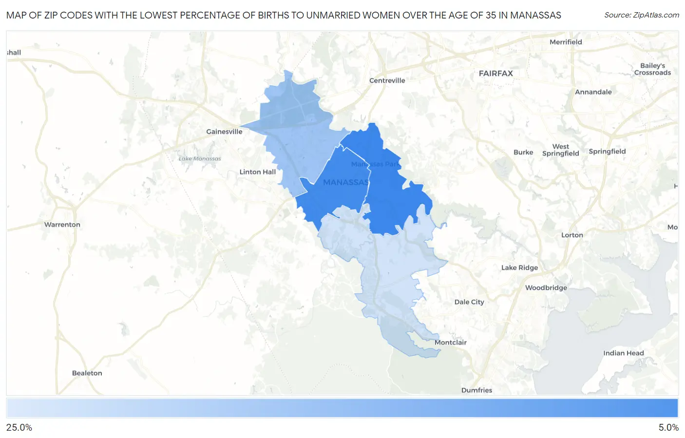 Zip Codes with the Lowest Percentage of Births to Unmarried Women over the Age of 35 in Manassas Map
