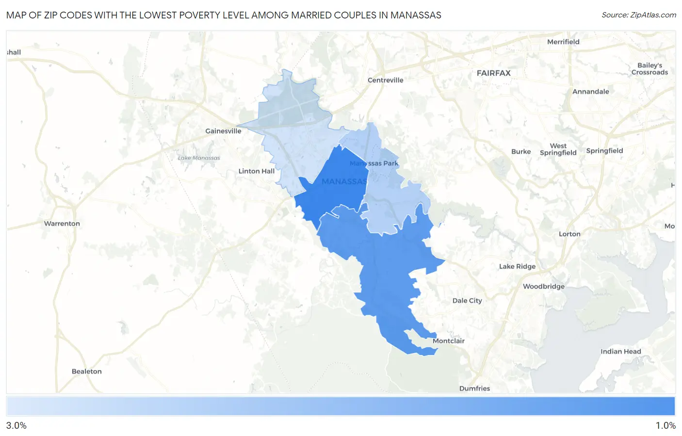 Zip Codes with the Lowest Poverty Level Among Married Couples in Manassas Map