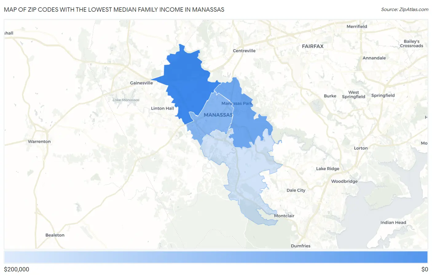 Zip Codes with the Lowest Median Family Income in Manassas Map