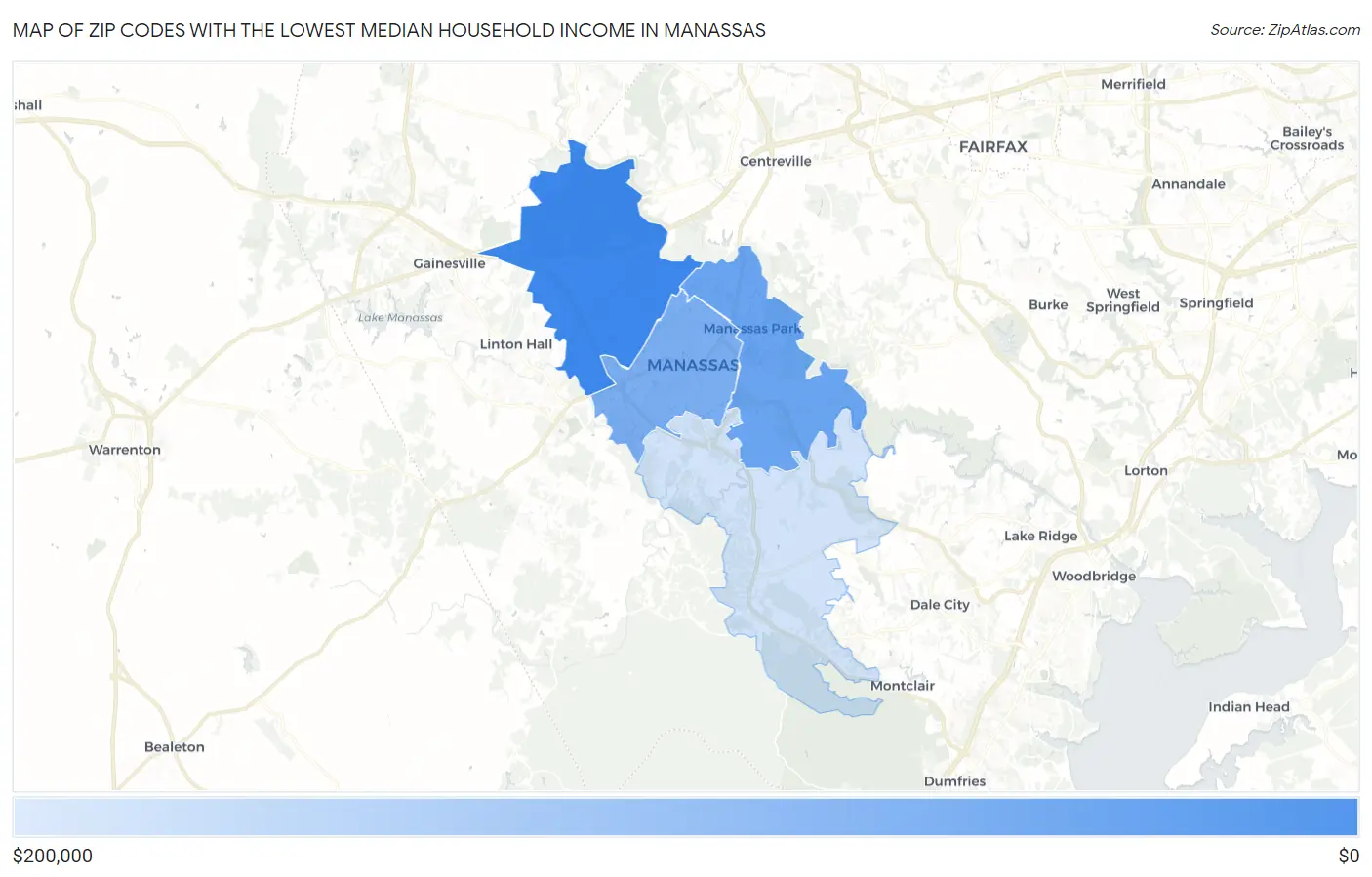 Zip Codes with the Lowest Median Household Income in Manassas Map