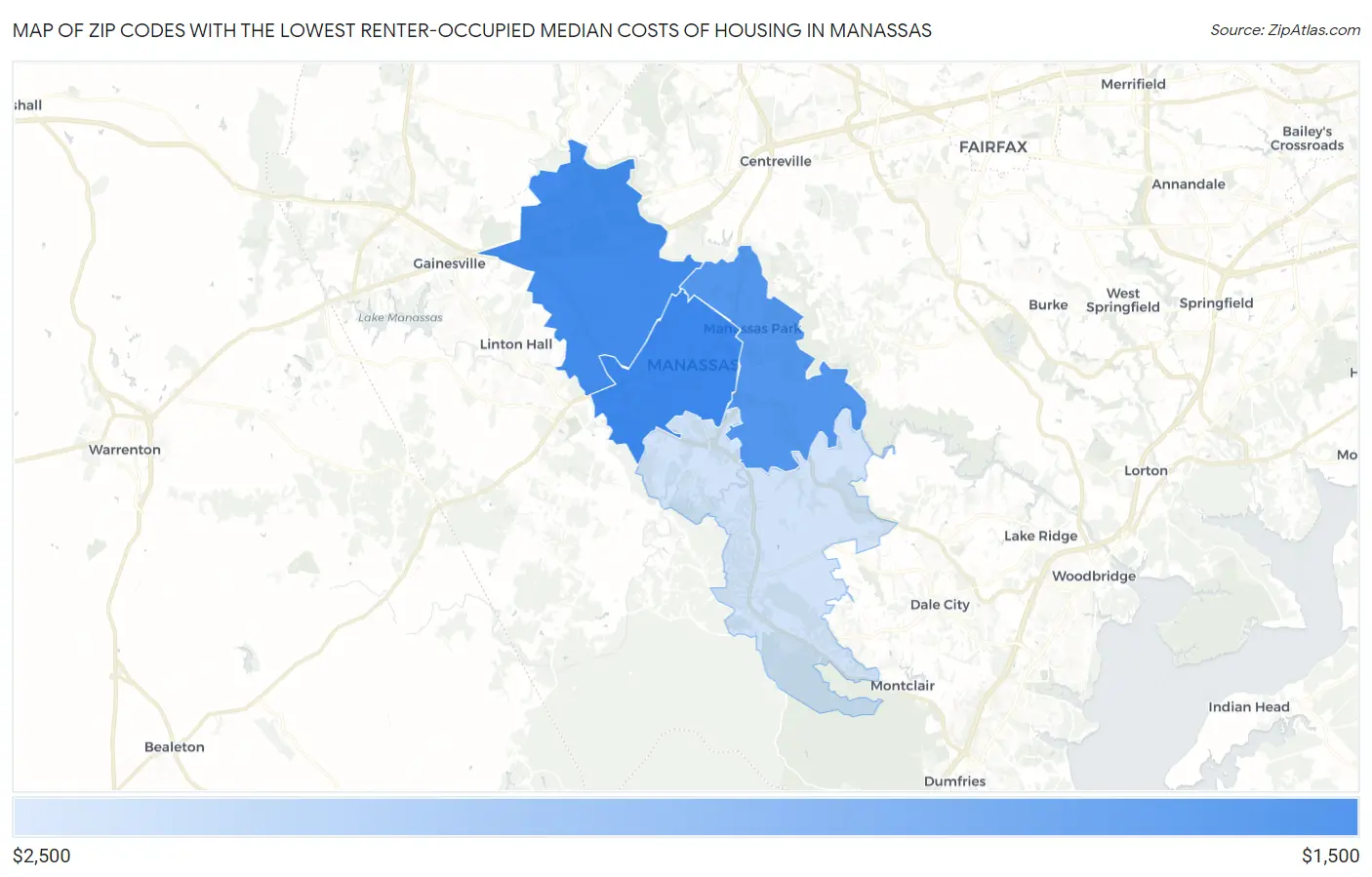 Zip Codes with the Lowest Renter-Occupied Median Costs of Housing in Manassas Map
