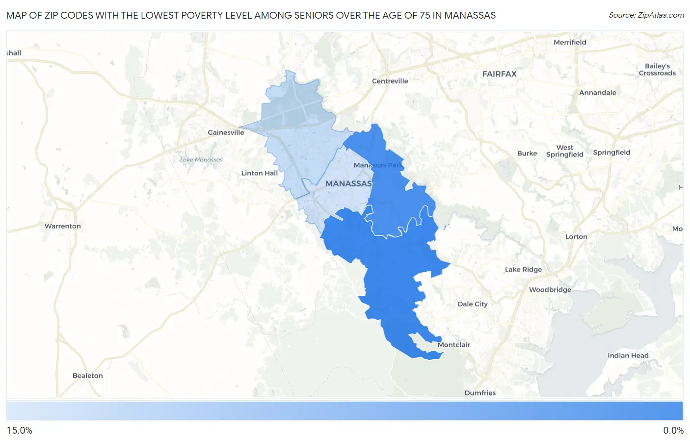 Zip Codes with the Lowest Poverty Level Among Seniors Over the Age of 75 in Manassas Map