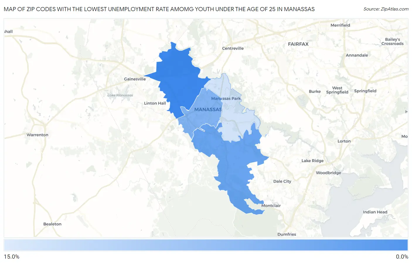 Zip Codes with the Lowest Unemployment Rate Amomg Youth Under the Age of 25 in Manassas Map