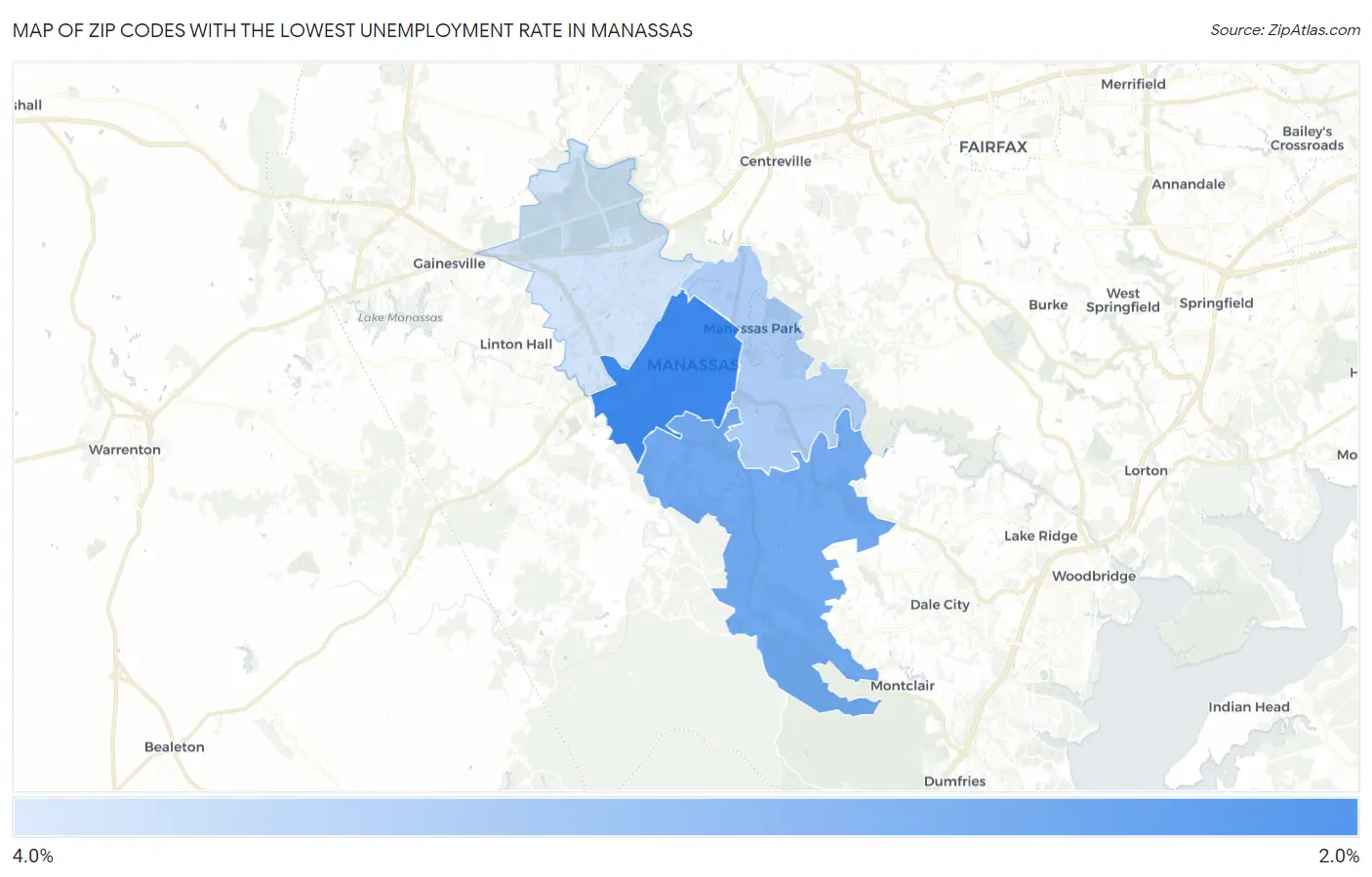 Zip Codes with the Lowest Unemployment Rate in Manassas Map
