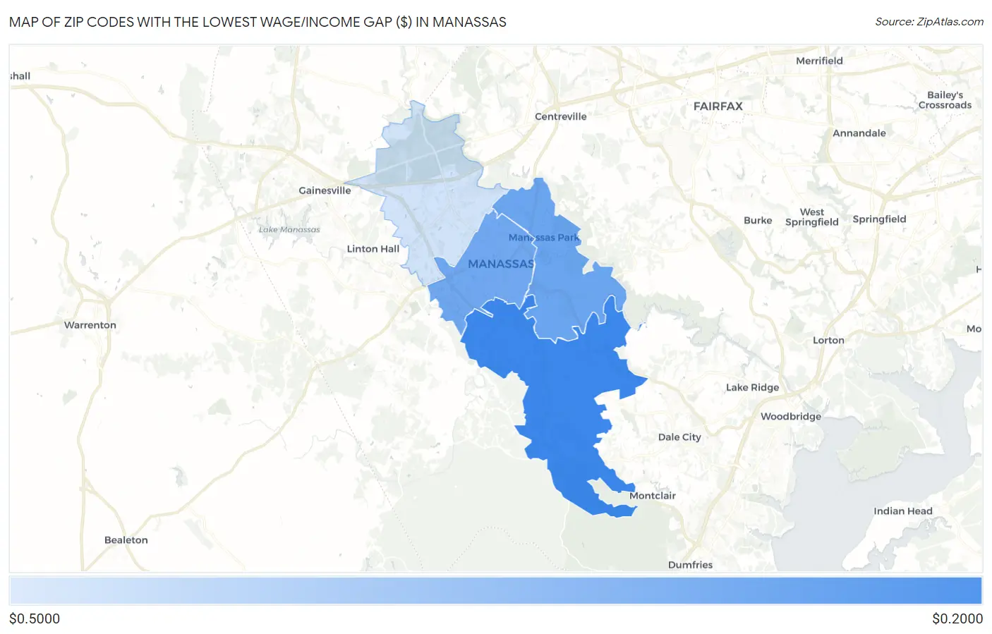 Zip Codes with the Lowest Wage/Income Gap ($) in Manassas Map