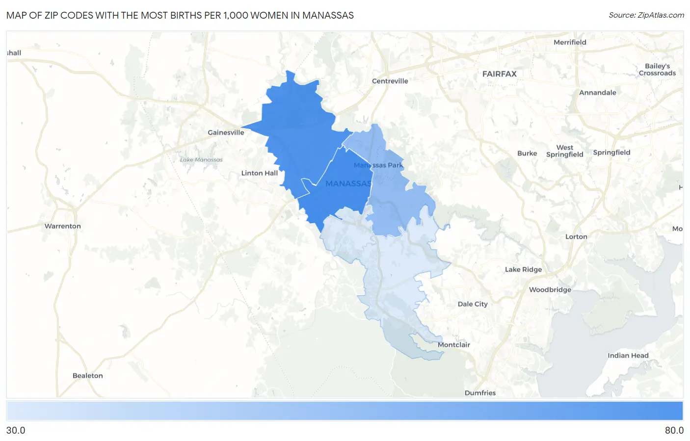 Zip Codes with the Most Births per 1,000 Women in Manassas Map
