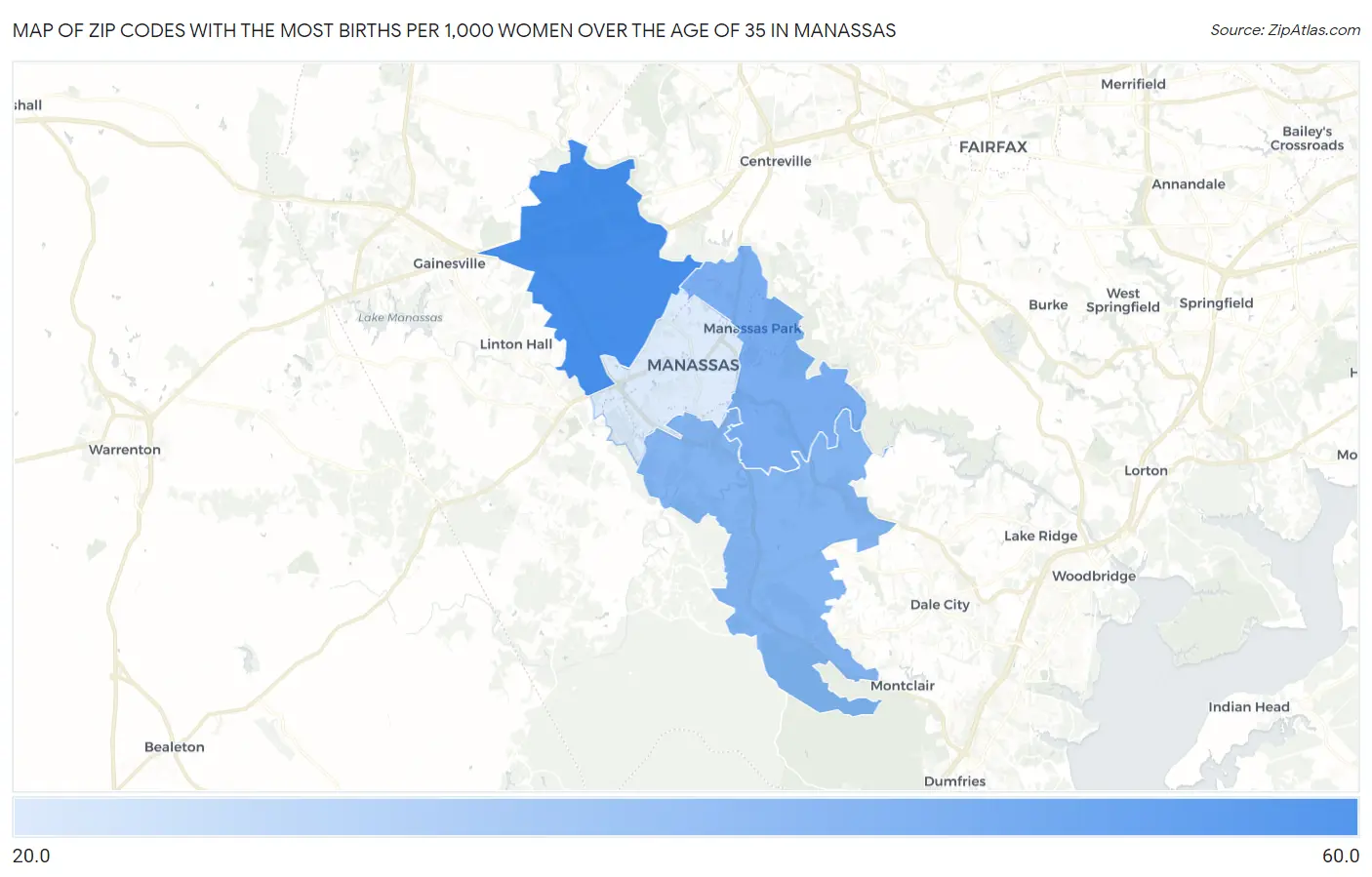 Zip Codes with the Most Births per 1,000 Women Over the Age of 35 in Manassas Map