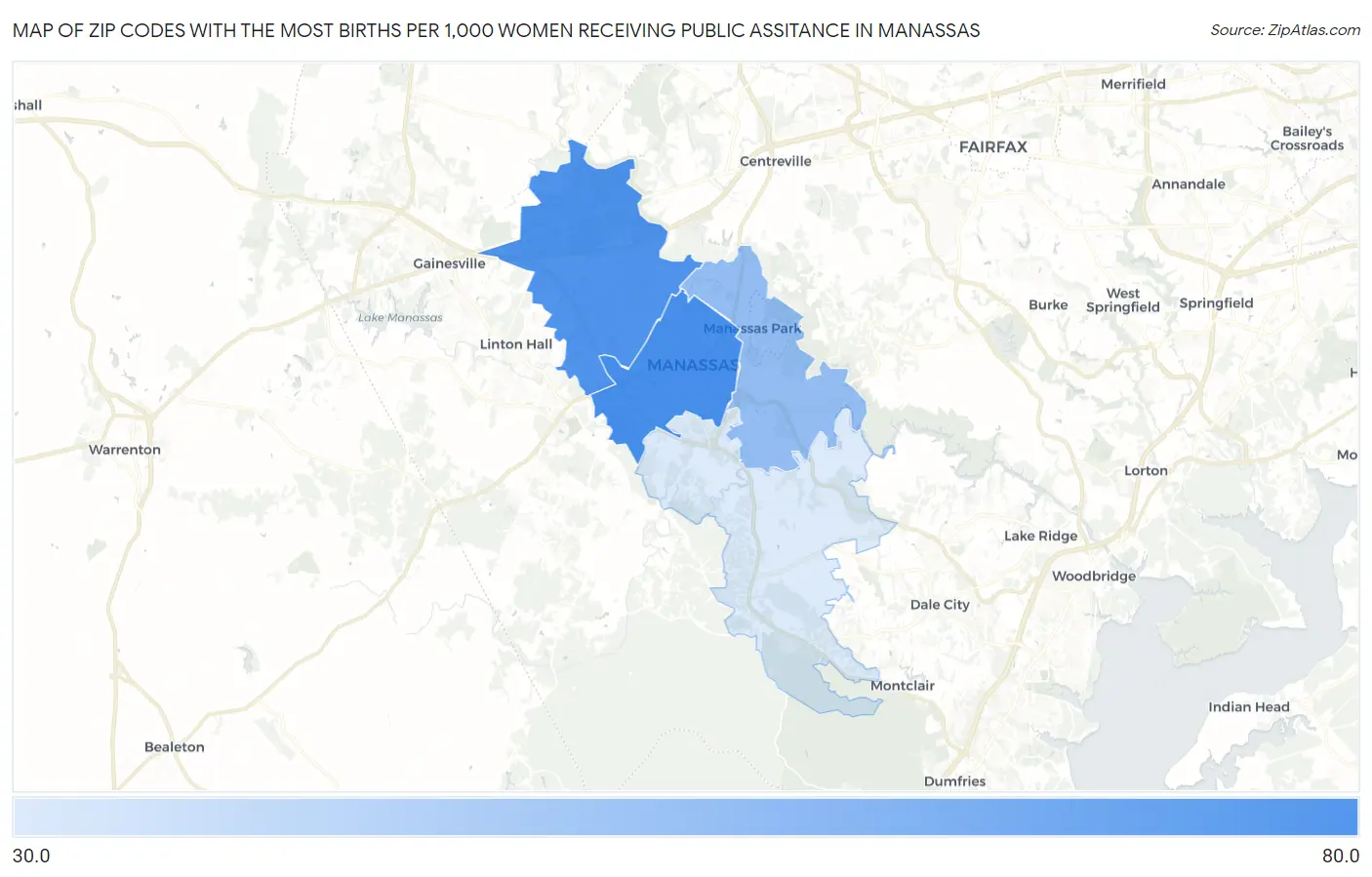 Zip Codes with the Most Births per 1,000 Women Receiving Public Assitance in Manassas Map