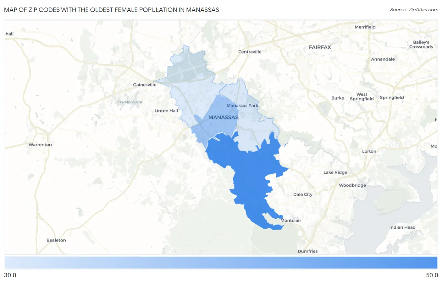 Zip Codes with the Oldest Female Population in Manassas Map