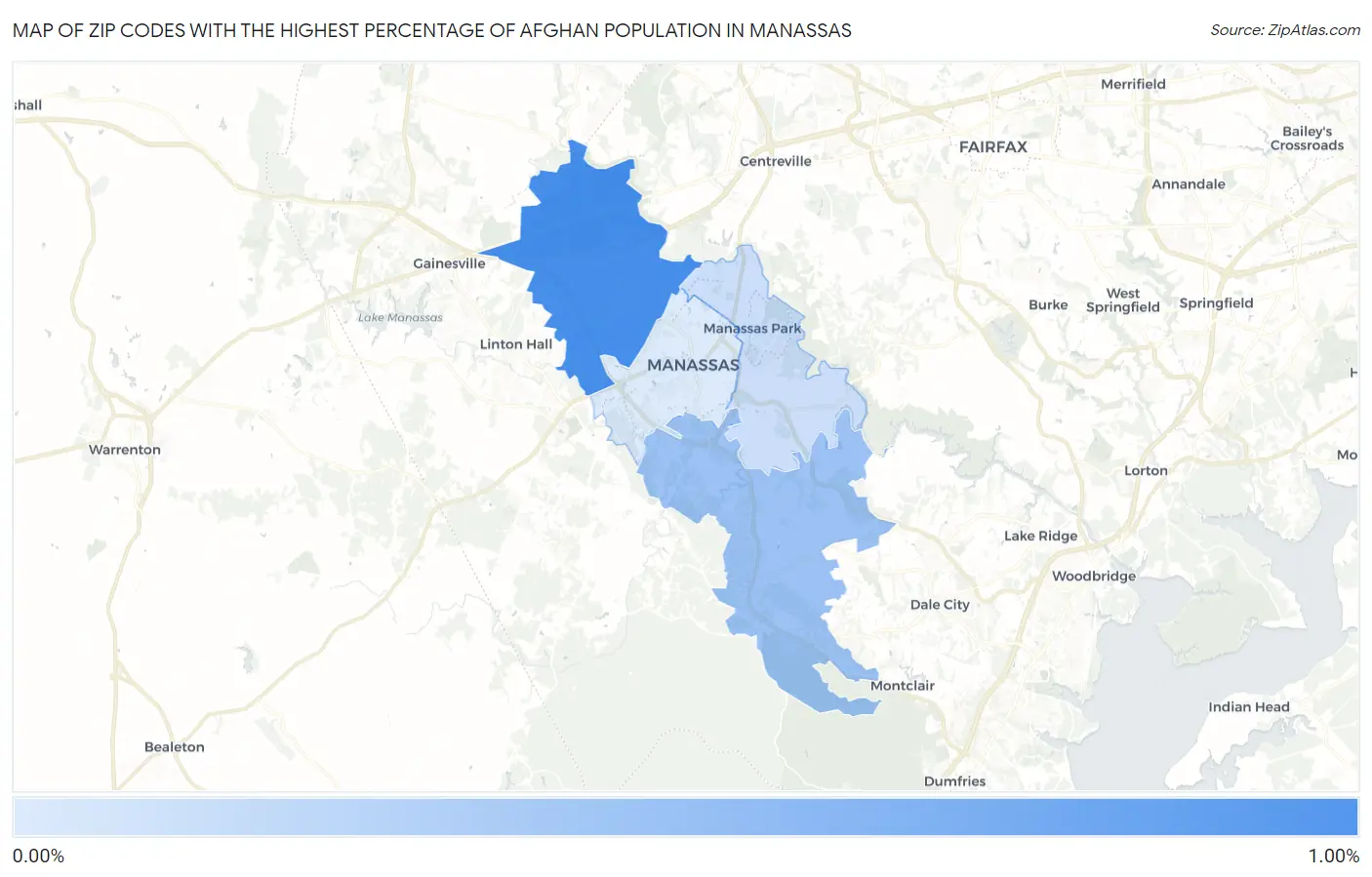 Zip Codes with the Highest Percentage of Afghan Population in Manassas Map