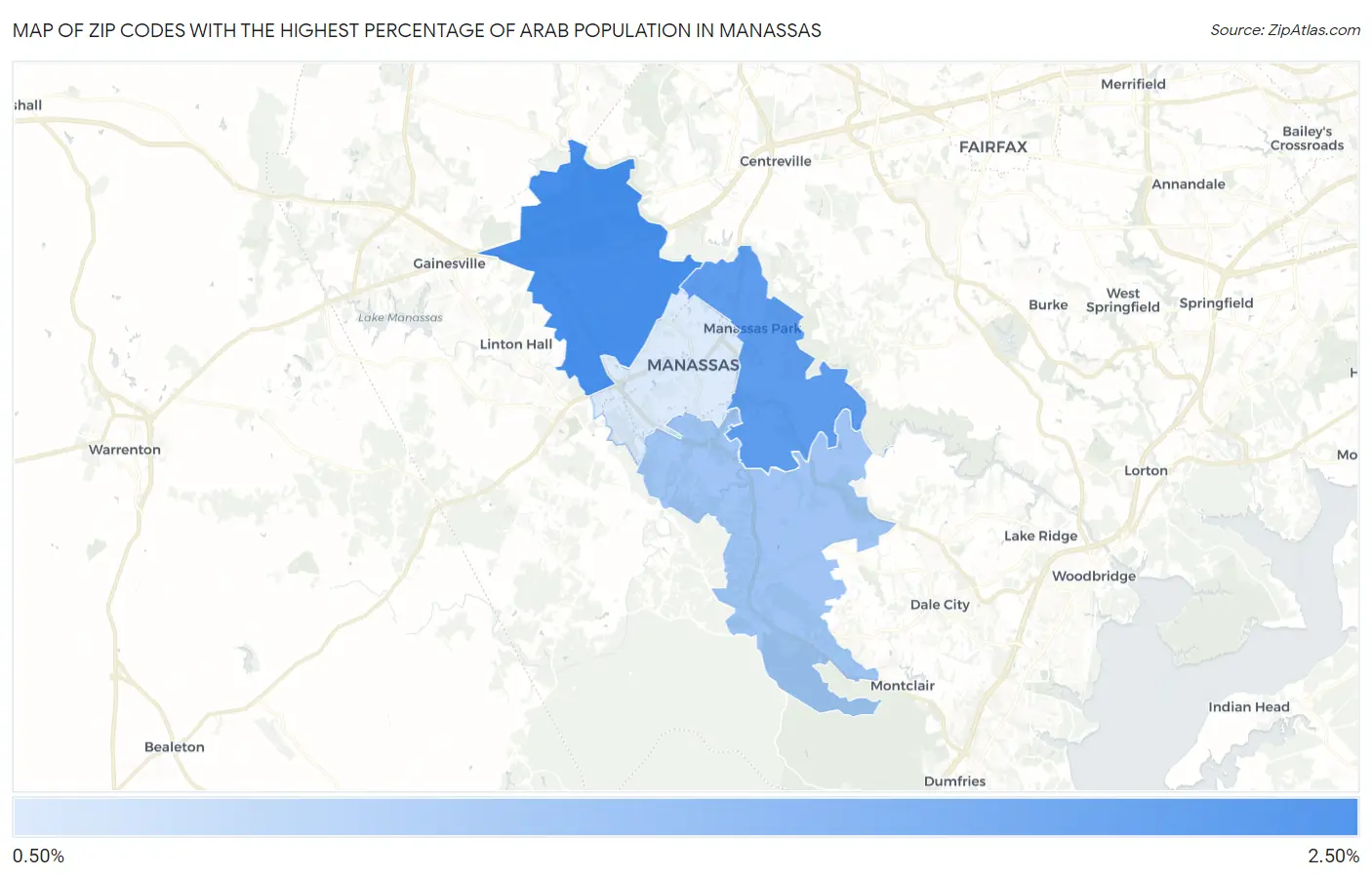 Zip Codes with the Highest Percentage of Arab Population in Manassas Map