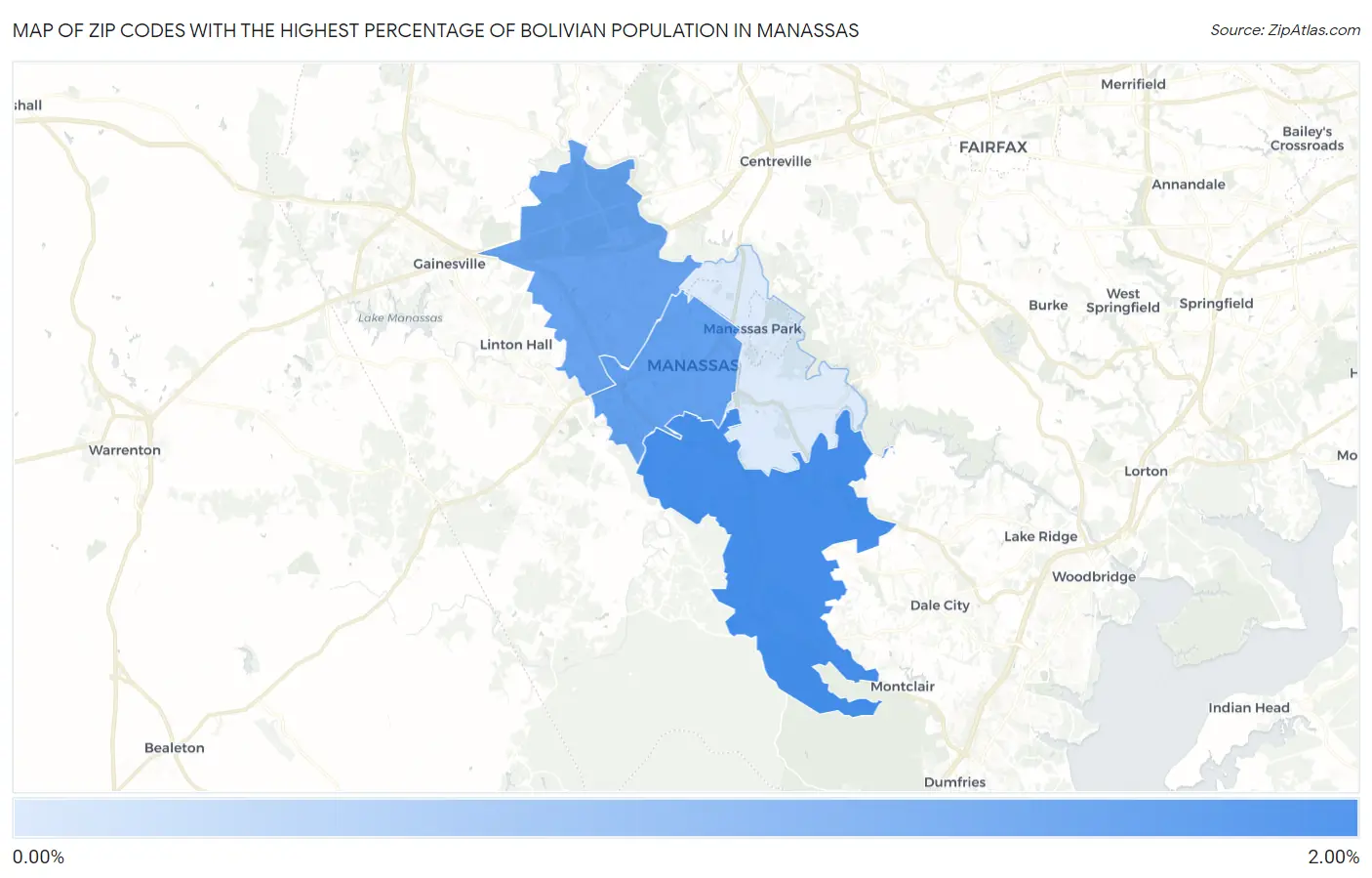 Zip Codes with the Highest Percentage of Bolivian Population in Manassas Map