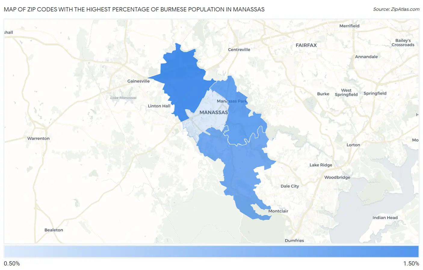 Zip Codes with the Highest Percentage of Burmese Population in Manassas Map