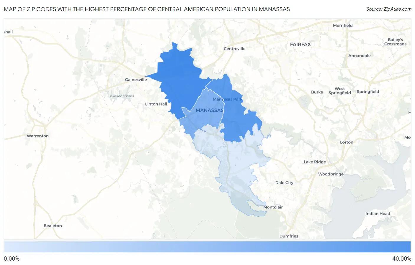 Zip Codes with the Highest Percentage of Central American Population in Manassas Map