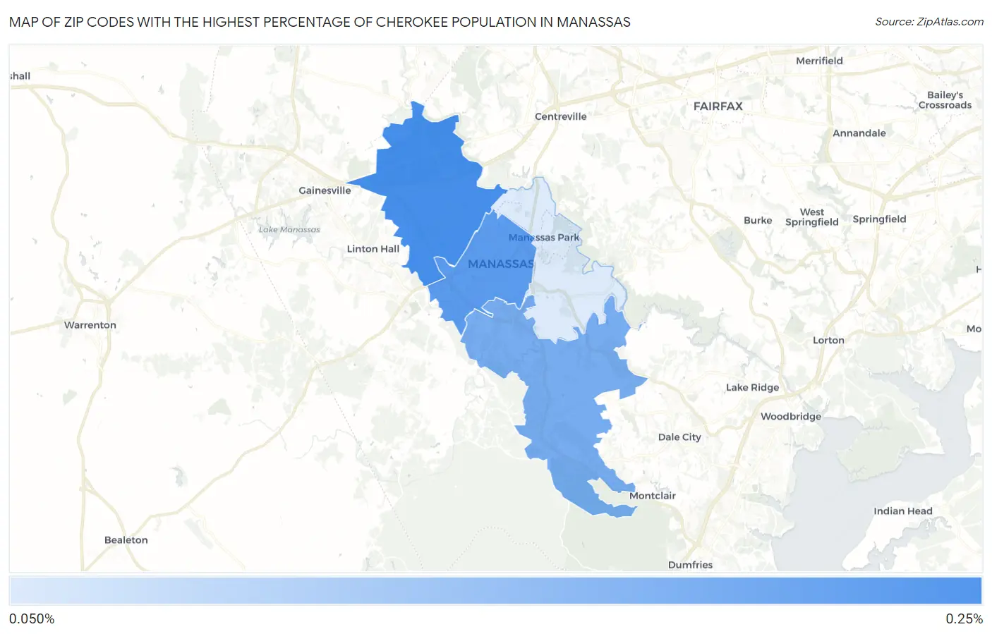 Zip Codes with the Highest Percentage of Cherokee Population in Manassas Map