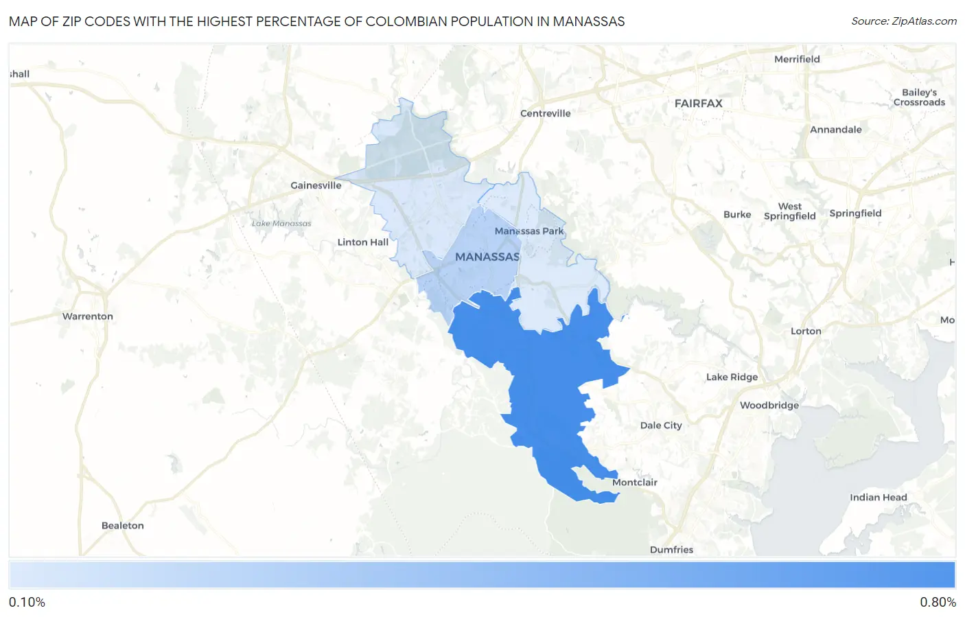 Zip Codes with the Highest Percentage of Colombian Population in Manassas Map