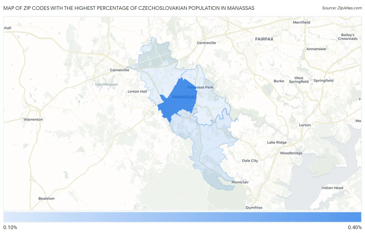 Zip Codes with the Highest Percentage of Czechoslovakian Population in Manassas Map