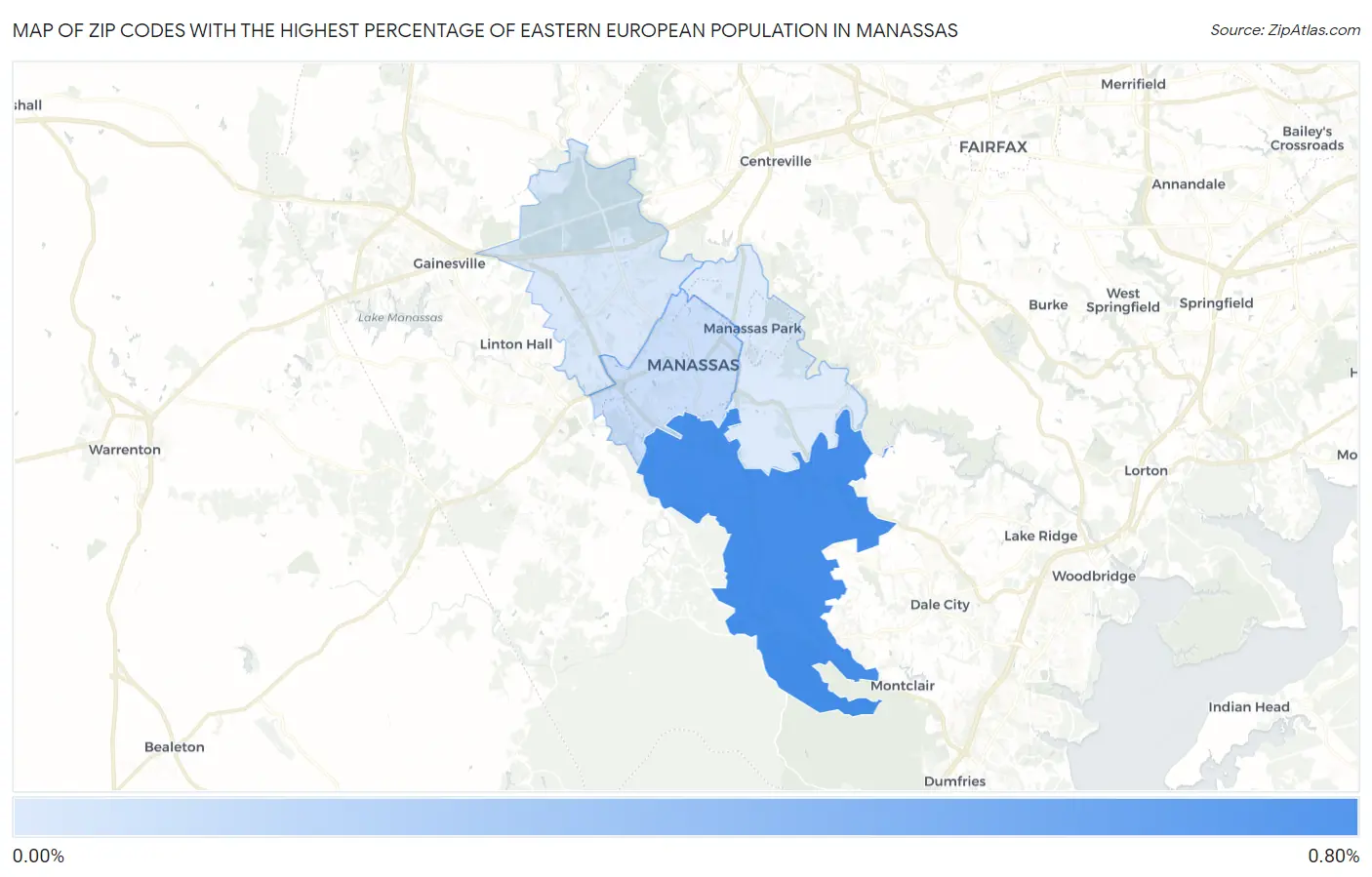 Zip Codes with the Highest Percentage of Eastern European Population in Manassas Map