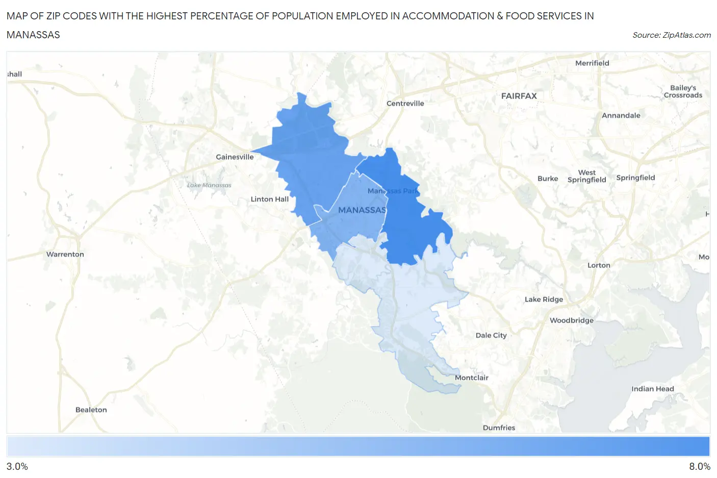 Zip Codes with the Highest Percentage of Population Employed in Accommodation & Food Services in Manassas Map