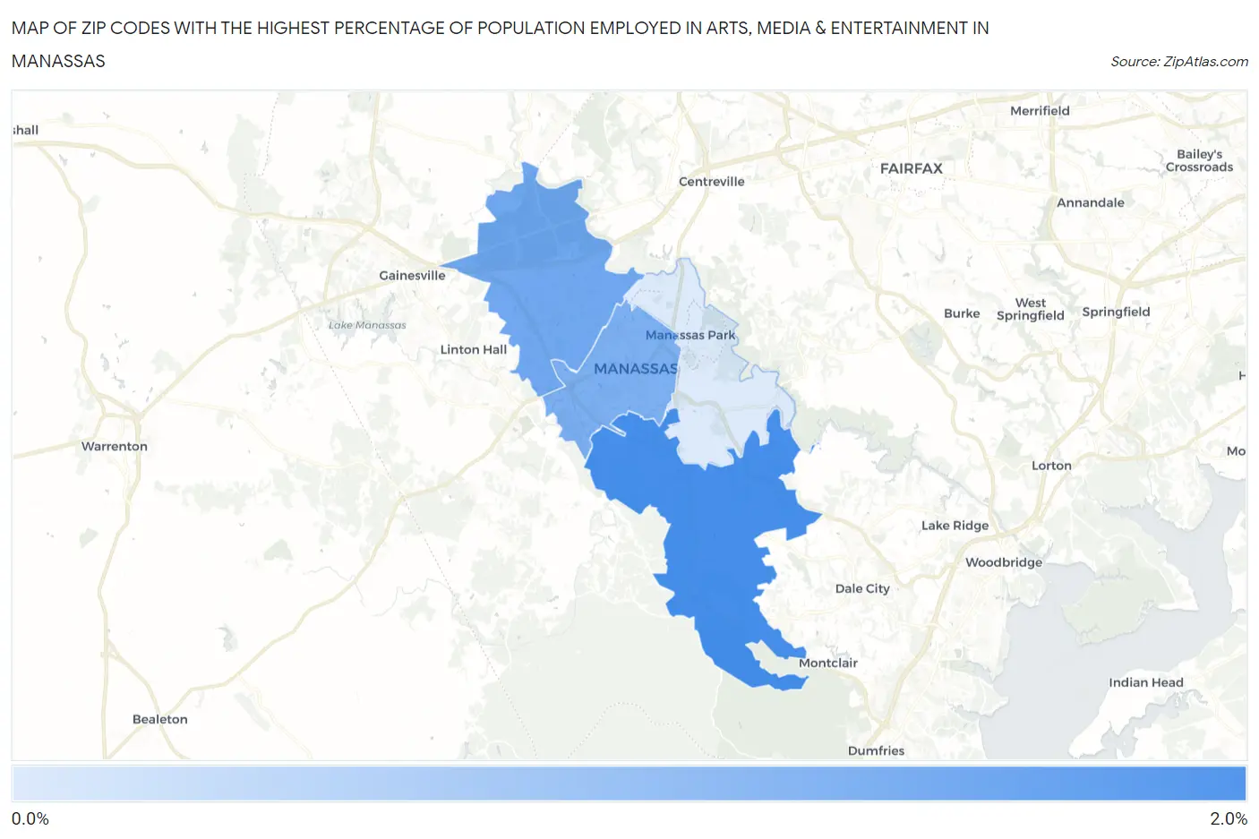 Zip Codes with the Highest Percentage of Population Employed in Arts, Media & Entertainment in Manassas Map