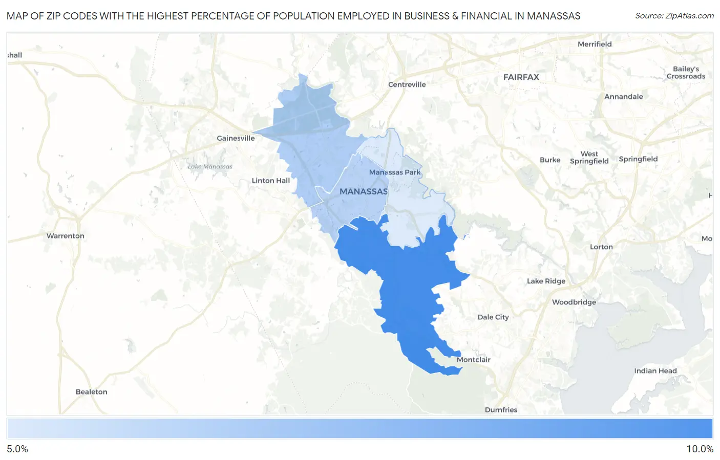 Zip Codes with the Highest Percentage of Population Employed in Business & Financial in Manassas Map